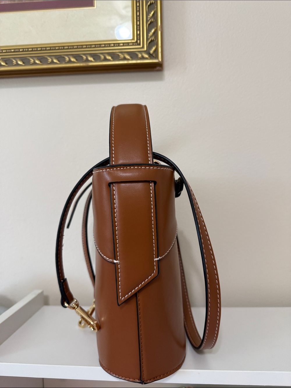 Structured Brown Leather Bucket Bag with Buckle Detail - Picture 4 of 11